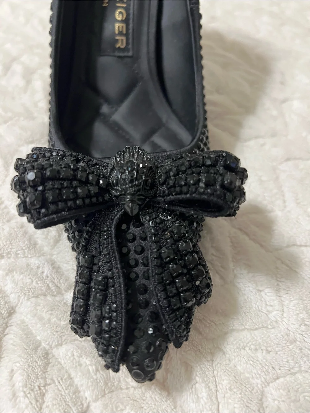 Kurt Geiger Black Sequin Bow Quilted Flats